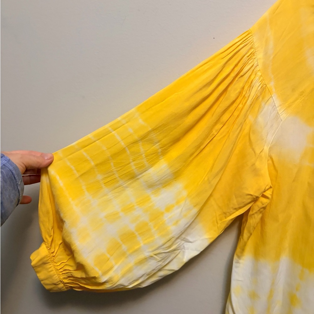 ESQUALO Viscose Yellow Tie-Dye Balloon Sleeve Boho Blouse - Picture 3 of 10